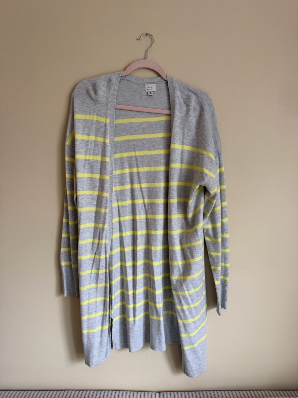 Light Gray & Yellow Striped Open Cardigan Sweater